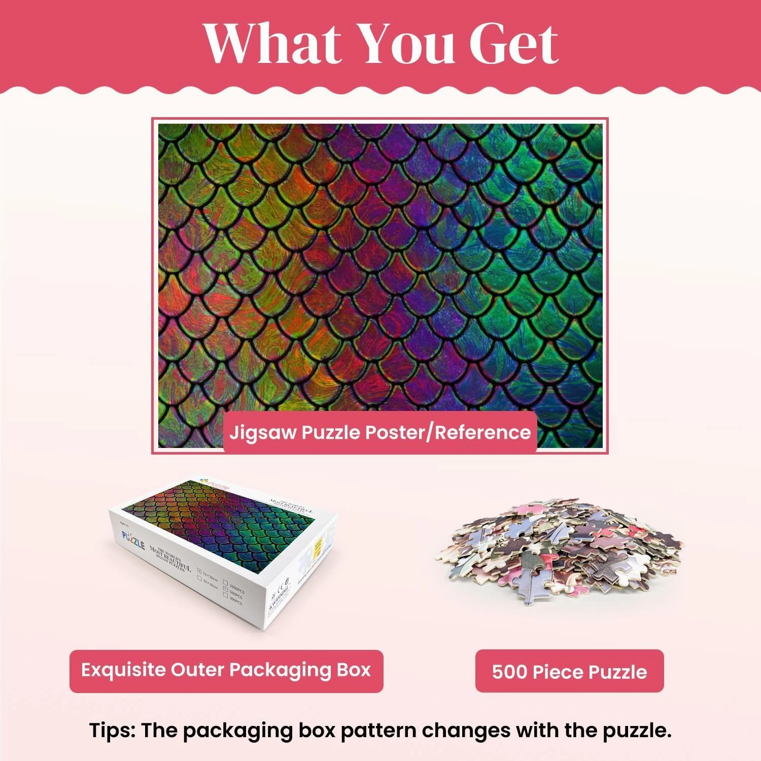 Wooden Puzzles Mermaid Fish Scale Squama Holographic Neon Stained Glass Rainbow Jigsaw Puzzles for Adults 500 Pieces Impossible Puzzle Challenging Puzzle Educational Toys Decompression Game
