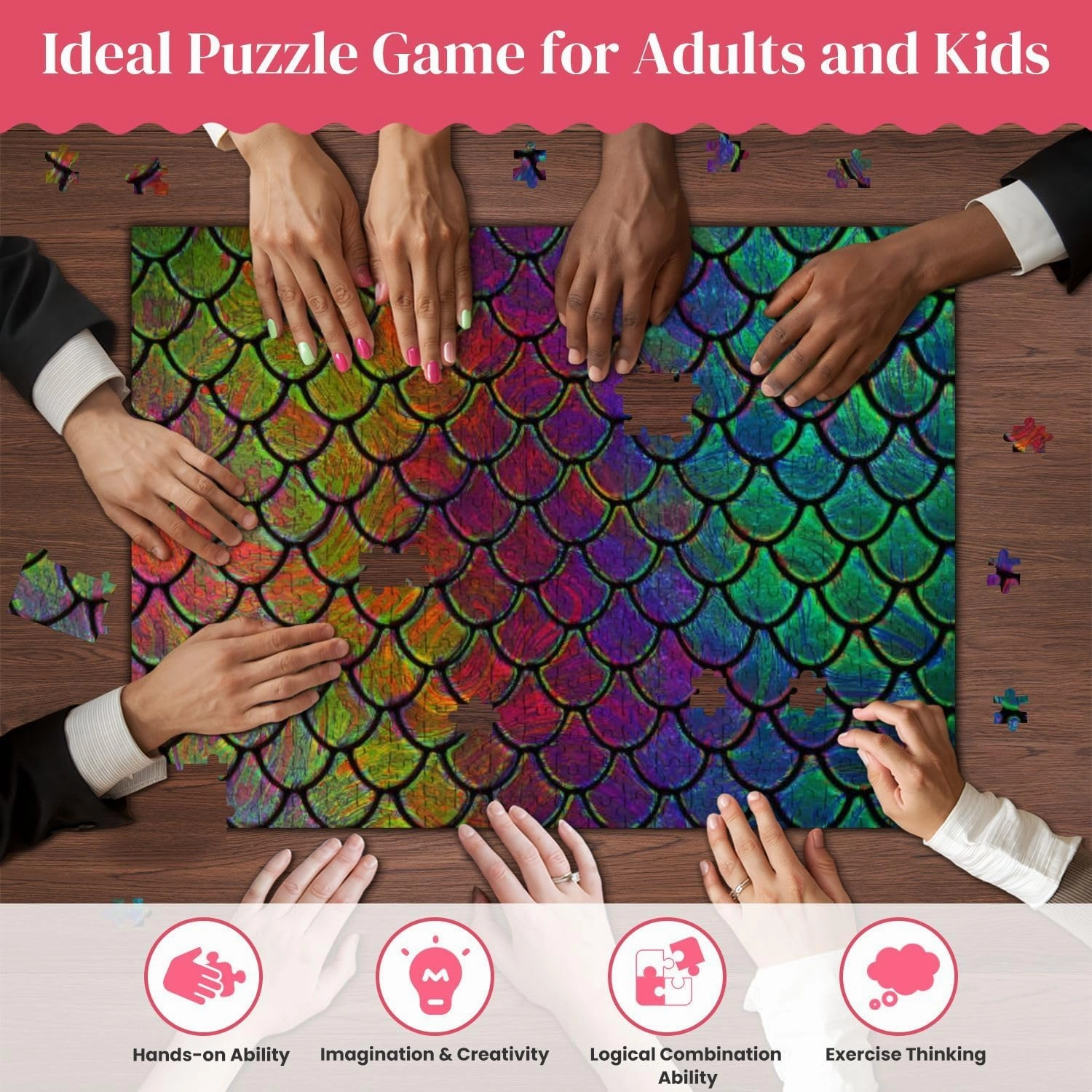 Wooden Puzzles Mermaid Fish Scale Squama Holographic Neon Stained Glass Rainbow Jigsaw Puzzles for Adults 500 Pieces Impossible Puzzle Challenging Puzzle Educational Toys Decompression Game