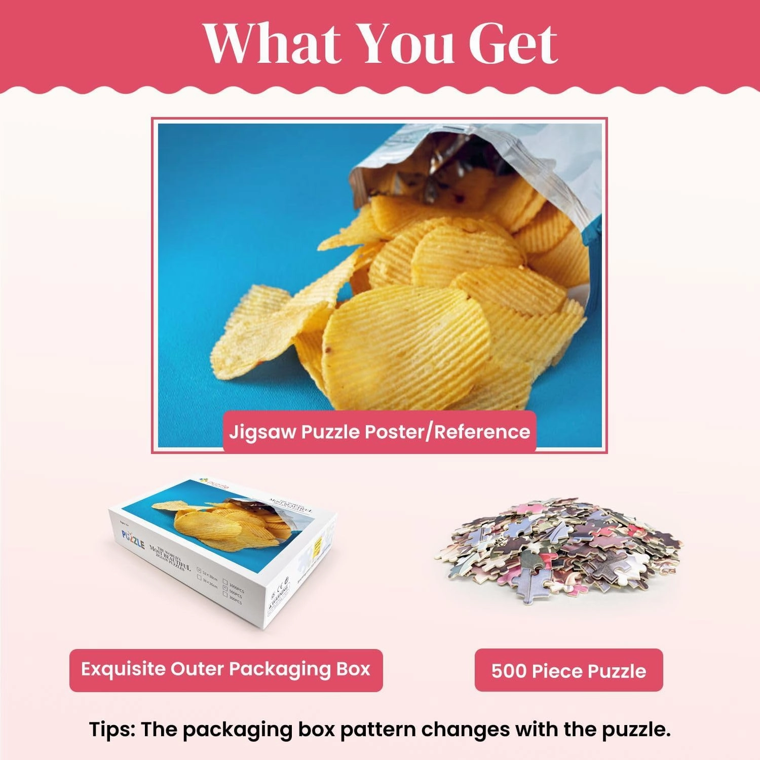 Wooden Puzzles Potato Chips Bag Package Spill Out Table Jigsaw Puzzles for Adults 500 Pieces Impossible Puzzle Challenging Puzzle Educational Toys Decompression Game