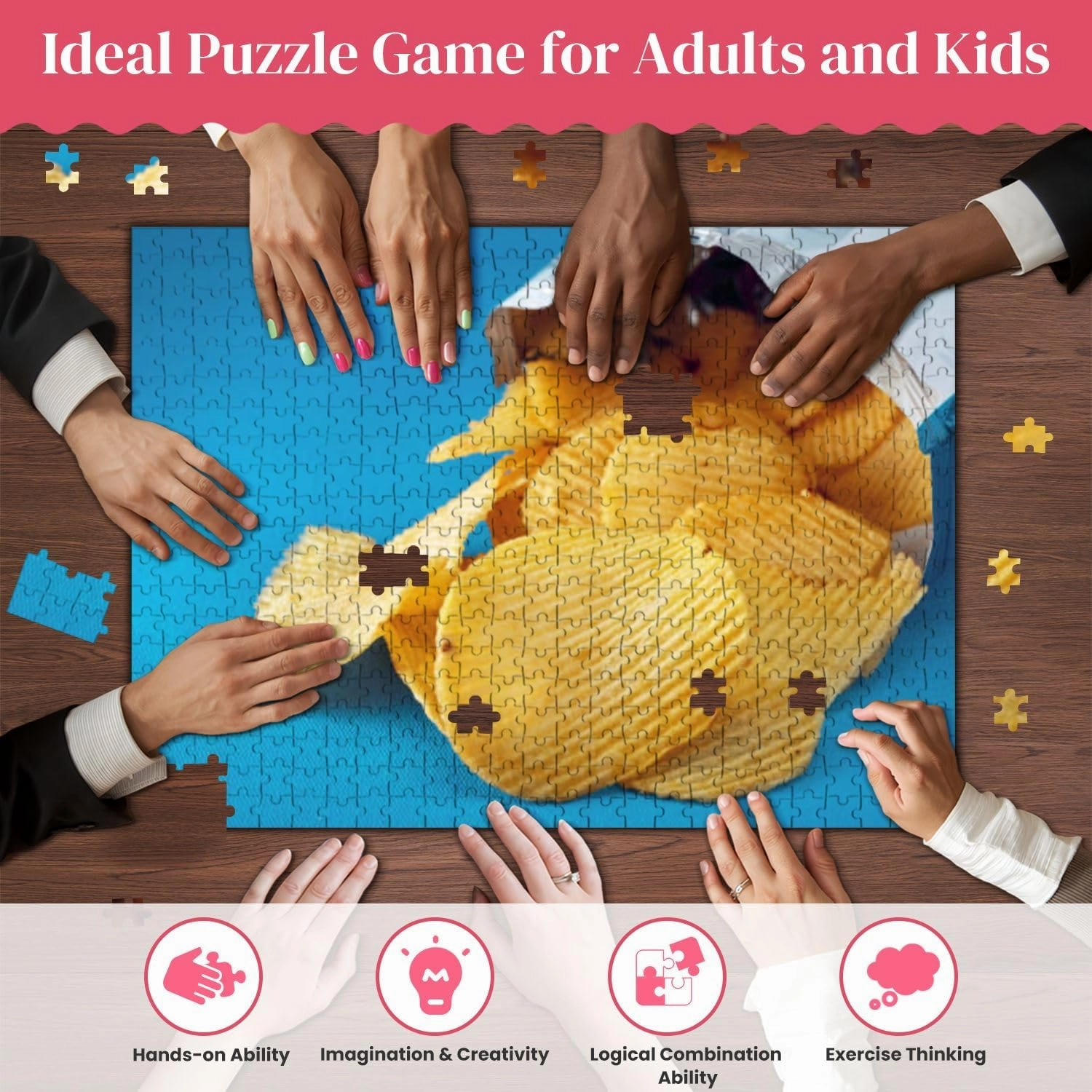 Wooden Puzzles Potato Chips Bag Package Spill Out Table Jigsaw Puzzles for Adults 500 Pieces Impossible Puzzle Challenging Puzzle Educational Toys Decompression Game