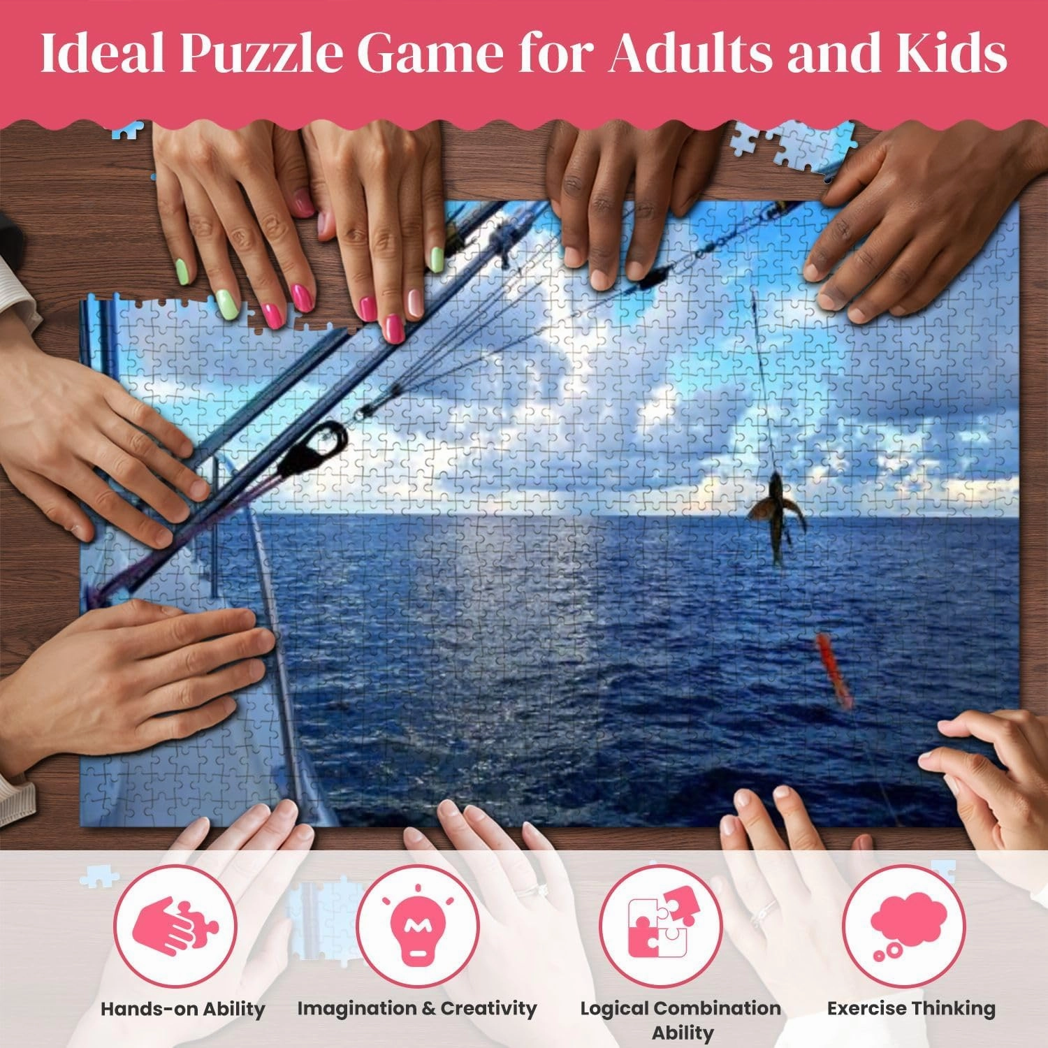 Wooden Puzzles Saltwater Fishing Morning Rainbow Jigsaw Puzzles for Adults 1000 Pieces Impossible Puzzle Challenging Puzzle Educational Toys Decompression Game