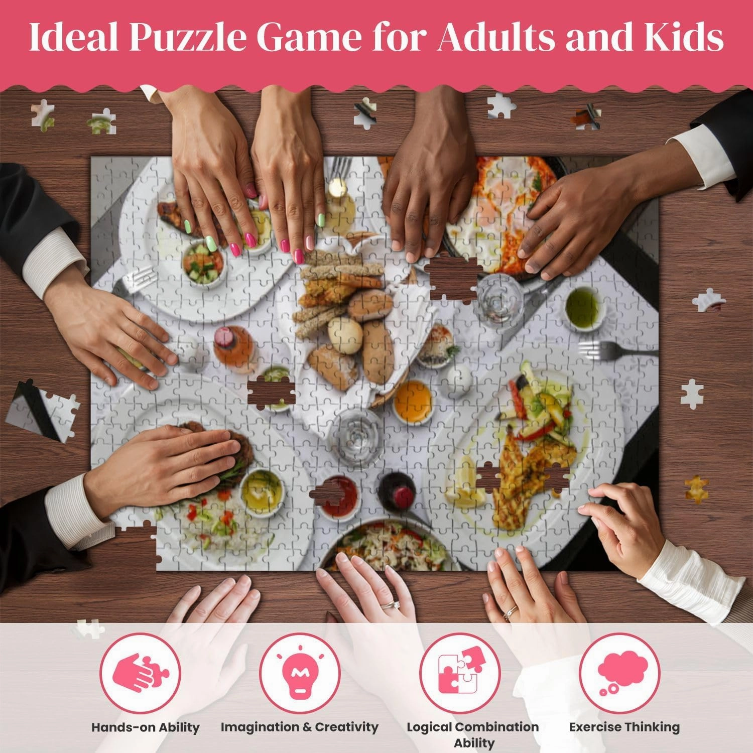 Wooden Puzzles Various Mediterranean Dishes Wines Served Restaurant Table Jigsaw Puzzles for Adults 500 Pieces Impossible Puzzle Challenging Puzzle Educational Toys Decompression Game