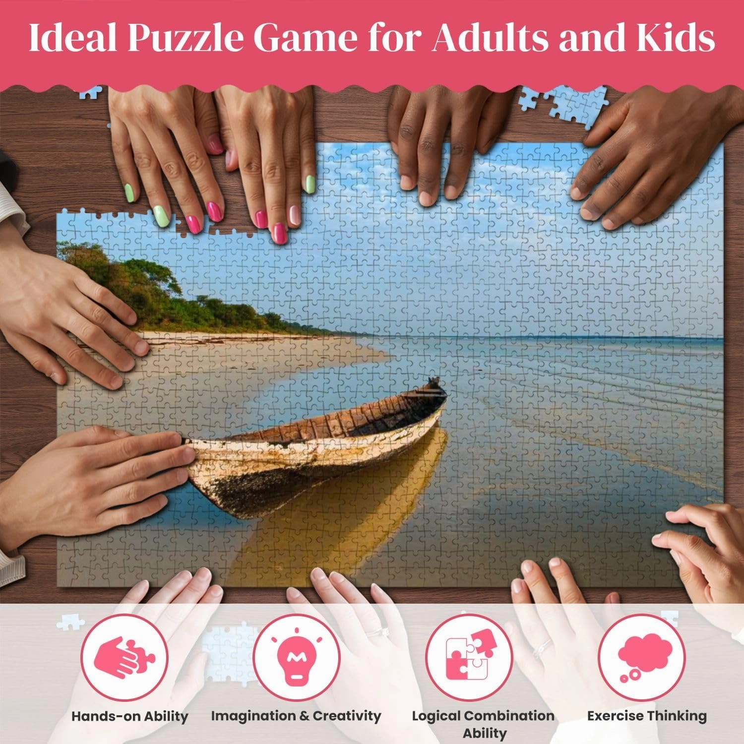 Wooden Puzzles View Traditional Fishing Canoe Beach Island Jigsaw Puzzles for Adults 1000 Pieces Impossible Puzzle Challenging Puzzle Educational Toys Decompression Game