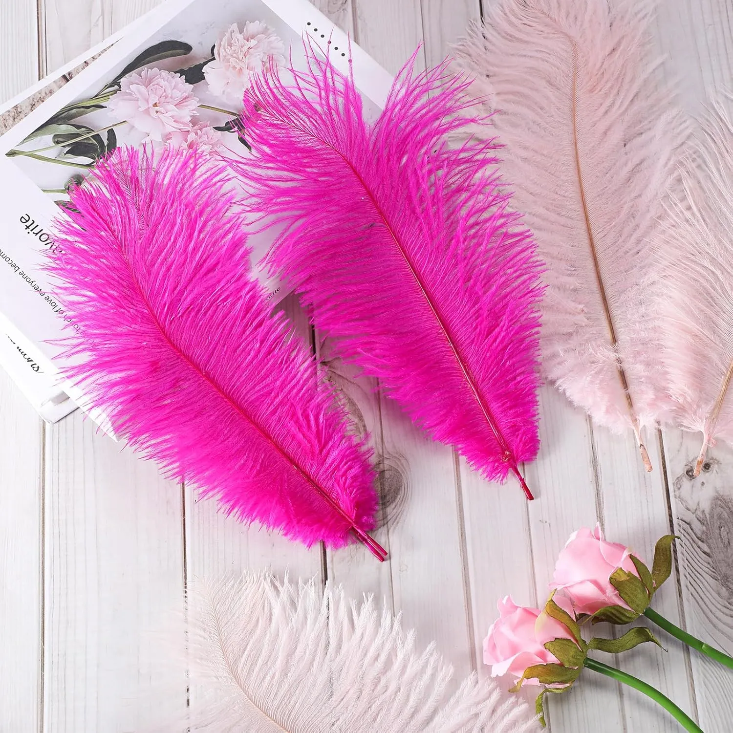 XunYee 60 Pcs 1920s Natural Ostrich Feathers Bulk 10-12 Inch/ 12-14 Inch Natural Large Feather for Wedding Dancing Birthday Party Centerpieces Carnival Decorations(Light Pink, Rose red)