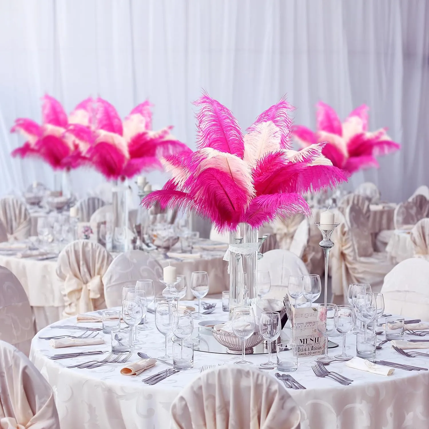 XunYee 60 Pcs 1920s Natural Ostrich Feathers Bulk 10-12 Inch/ 12-14 Inch Natural Large Feather for Wedding Dancing Birthday Party Centerpieces Carnival Decorations(Light Pink, Rose red)