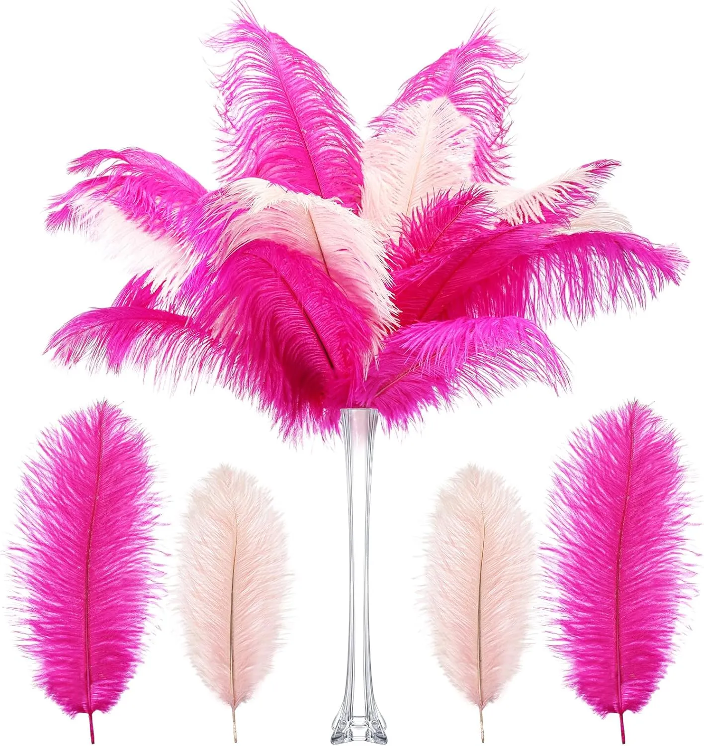 XunYee 60 Pcs 1920s Natural Ostrich Feathers Bulk 10-12 Inch/ 12-14 Inch Natural Large Feather for Wedding Dancing Birthday Party Centerpieces Carnival Decorations(Light Pink, Rose red)
