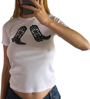 Y2k Baby Tees Women Graphic Print T- Shirt Summer Short Sleeve Slim Fit Crop Top Aesthetic Clothes