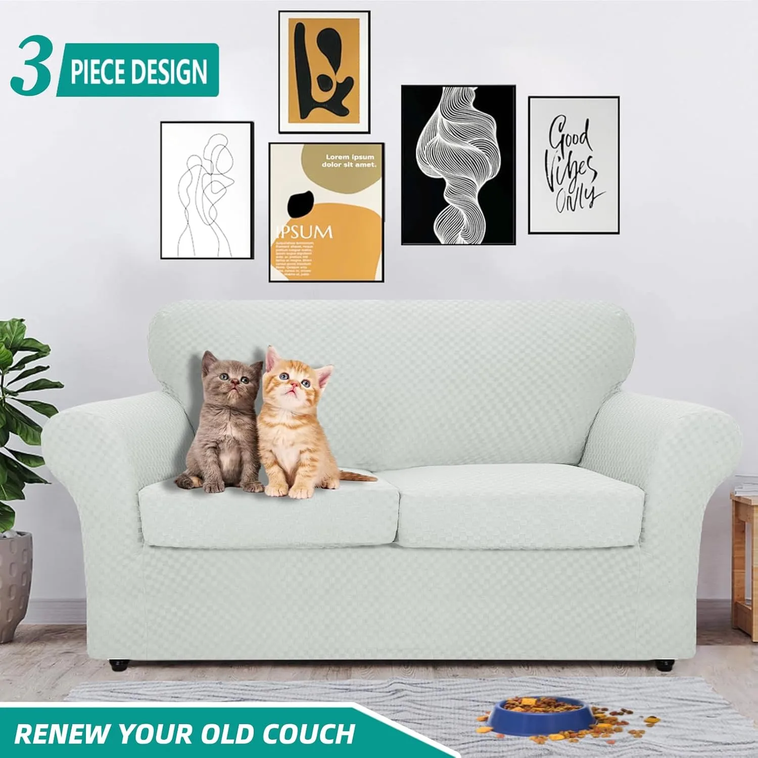 YEMYHOM Latest Checkered 3 Pieces Couch Covers for 2 Cushion Couch High Stretch Thickened Love Seat Sofa Cover for Dogs Pets Anti Slip Elastic Loveseat Slipcover Protector (Ivory), 55"-69"(2 CUSHIONS)