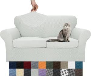 YEMYHOM Latest Checkered 3 Pieces Couch Covers for 2 Cushion Couch High Stretch Thickened Love Seat Sofa Cover for Dogs Pets Anti Slip Elastic Loveseat Slipcover Protector (Ivory), 55"-69"(2 CUSHIONS)