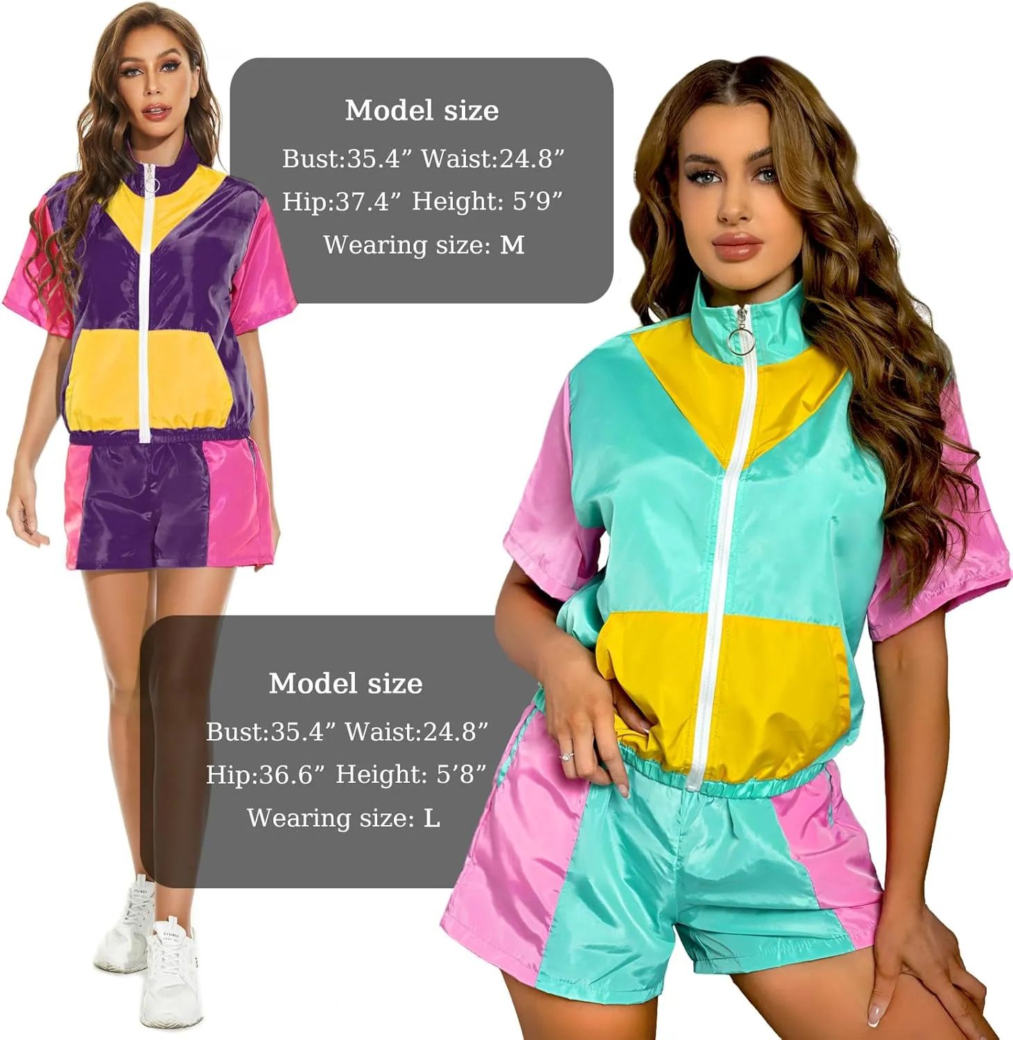 Yisfri Women's Color Block Windbreaker 2 Piece Outfits Short Sleeve Zip Front Elastic Waist Tracksuit Set