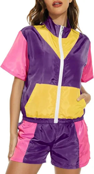 Yisfri Women's Color Block Windbreaker 2 Piece Outfits Short Sleeve Zip Front Elastic Waist Tracksuit Set