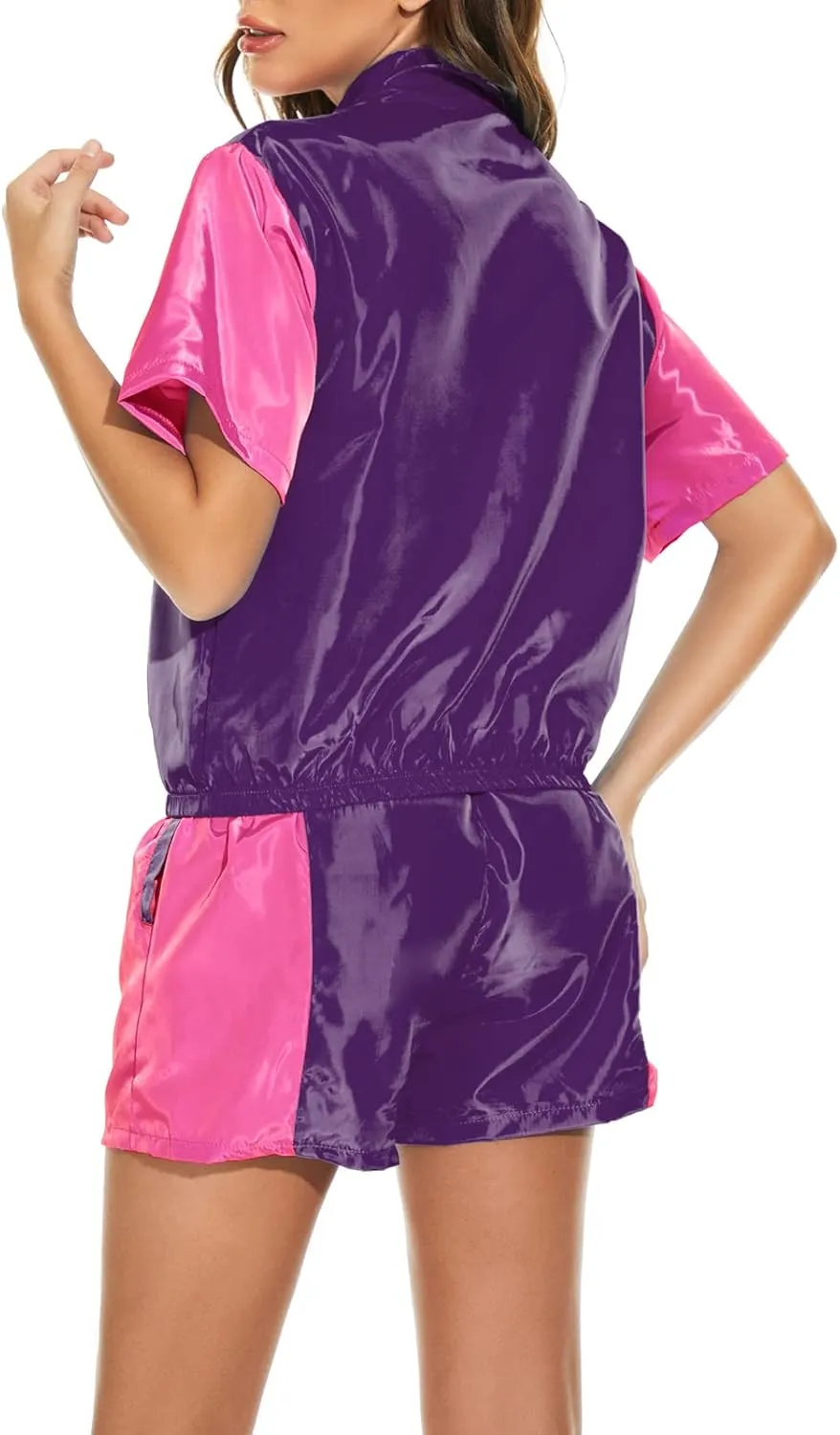 Yisfri Women's Color Block Windbreaker 2 Piece Outfits Short Sleeve Zip Front Elastic Waist Tracksuit Set