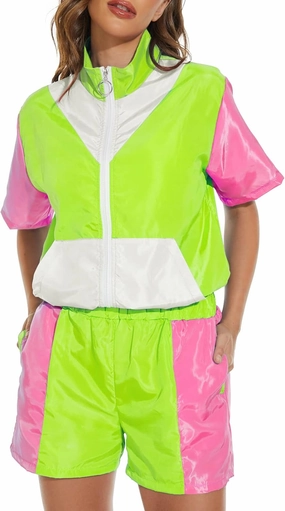 Yisfri Women's Color Block Windbreaker 2 Piece Outfits Short Sleeve Zip Front Elastic Waist Tracksuit Set