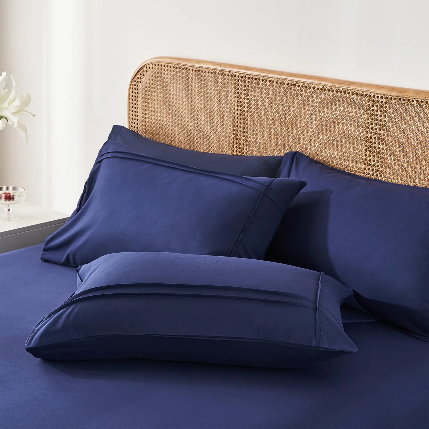 Yogeneg Full Size Comforter Set 7 Piece Bed in a Bag,Grid Pinch Pleat Navy Blue Bedding Set,Striped Textured Soft Microfiber Comforter with Sheet Set,All Season Complete Bed Set(Navy Blue,Full)