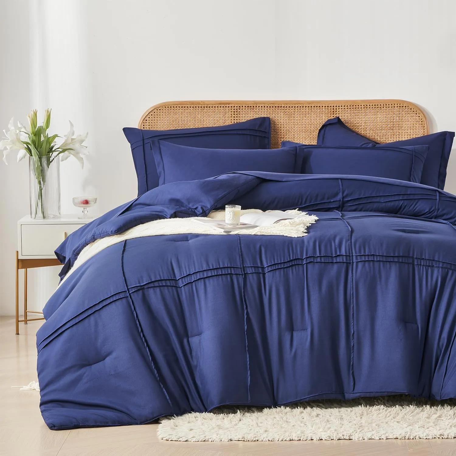 Yogeneg Full Size Comforter Set 7 Piece Bed in a Bag,Grid Pinch Pleat Navy Blue Bedding Set,Striped Textured Soft Microfiber Comforter with Sheet Set,All Season Complete Bed Set(Navy Blue,Full)