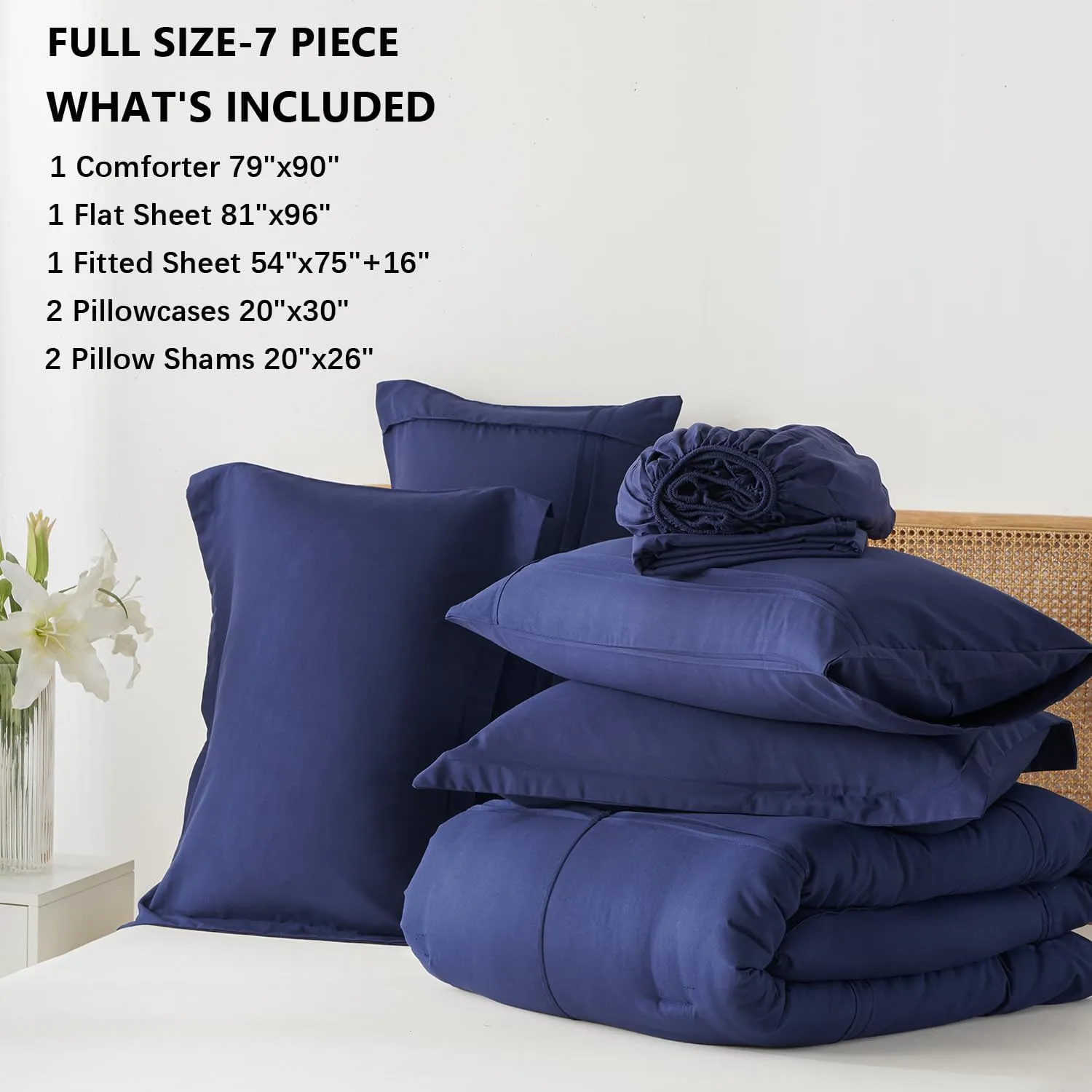 Yogeneg Full Size Comforter Set 7 Piece Bed in a Bag,Grid Pinch Pleat Navy Blue Bedding Set,Striped Textured Soft Microfiber Comforter with Sheet Set,All Season Complete Bed Set(Navy Blue,Full)