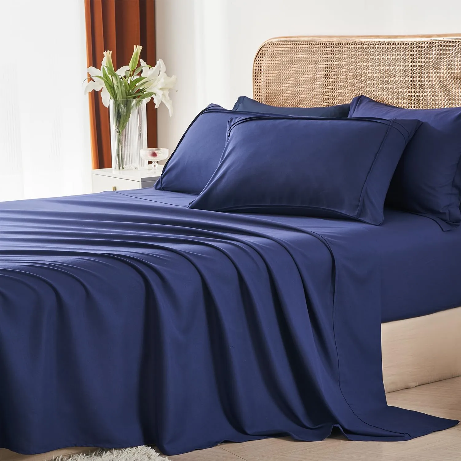 Yogeneg Full Size Comforter Set 7 Piece Bed in a Bag,Grid Pinch Pleat Navy Blue Bedding Set,Striped Textured Soft Microfiber Comforter with Sheet Set,All Season Complete Bed Set(Navy Blue,Full)