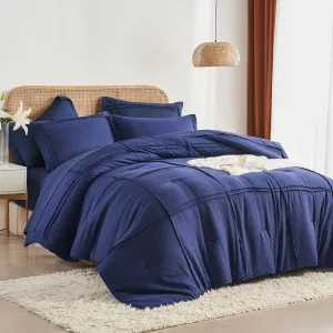 Yogeneg Full Size Comforter Set 7 Piece Bed in a Bag,Grid Pinch Pleat Navy Blue Bedding Set,Striped Textured Soft Microfiber Comforter with Sheet Set,All Season Complete Bed Set(Navy Blue,Full)
