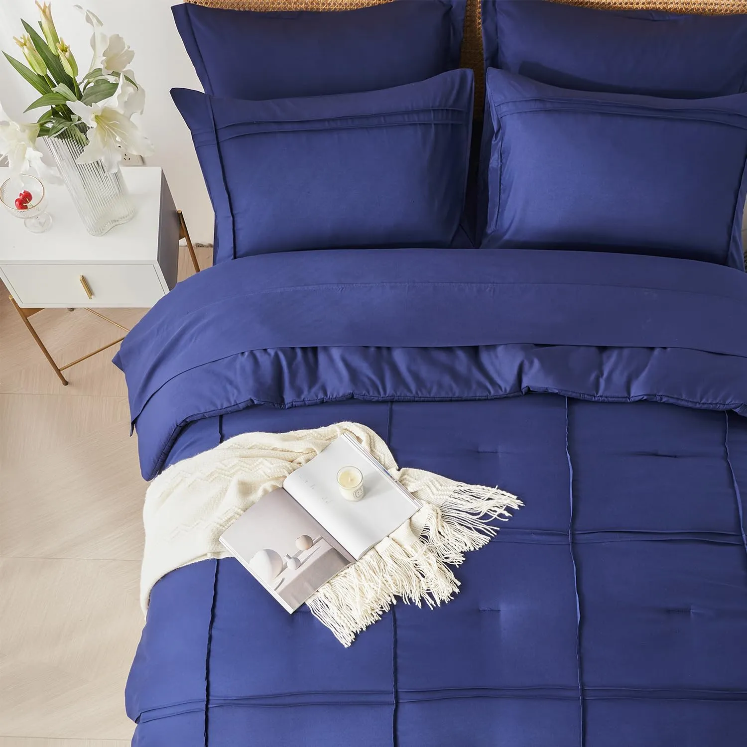 Yogeneg Full Size Comforter Set 7 Piece Bed in a Bag,Grid Pinch Pleat Navy Blue Bedding Set,Striped Textured Soft Microfiber Comforter with Sheet Set,All Season Complete Bed Set(Navy Blue,Full)