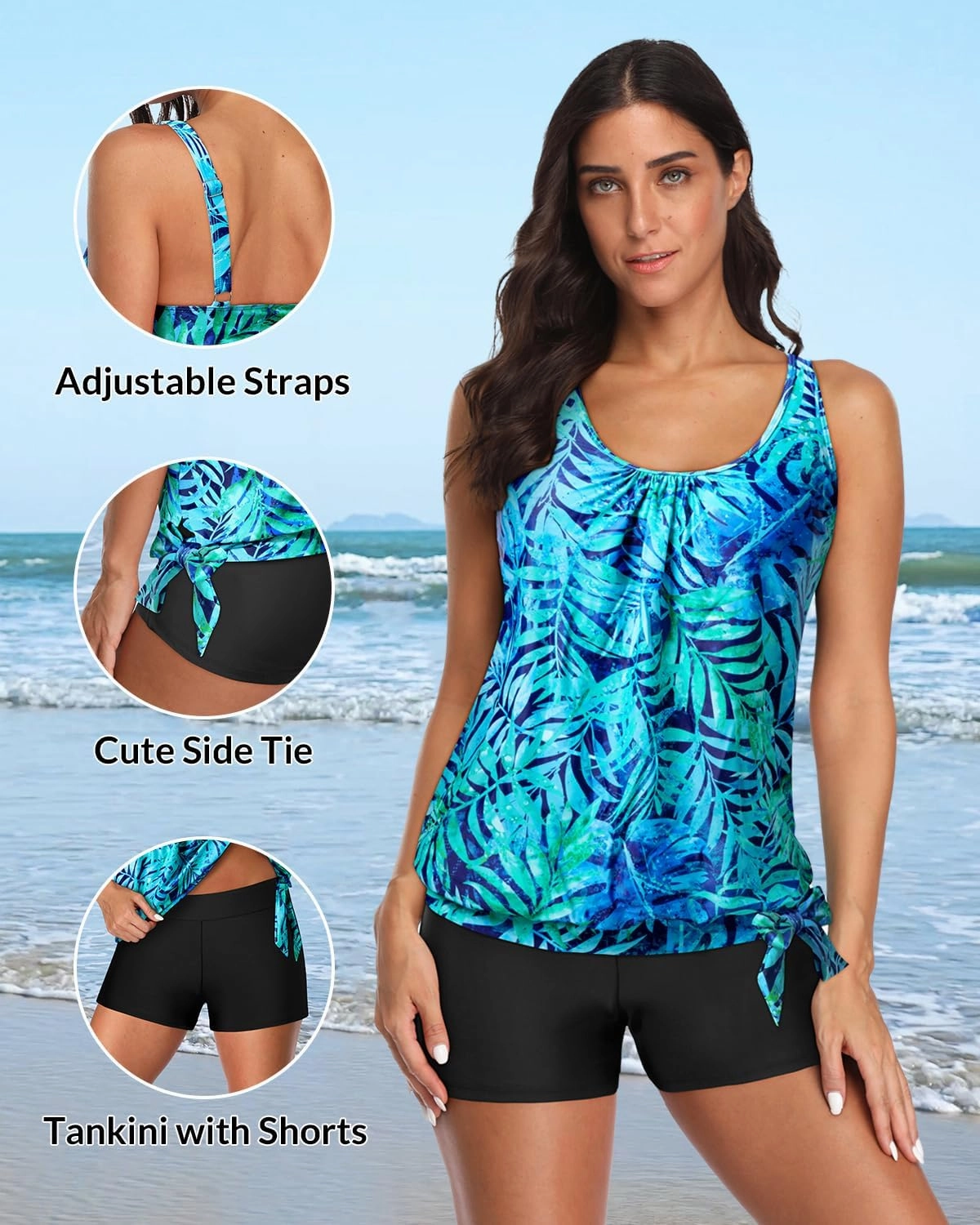 Yonique 2 Piece Swimsuit for Women Blouson Tankini Top with Shorts Tummy Control Bathing Suit