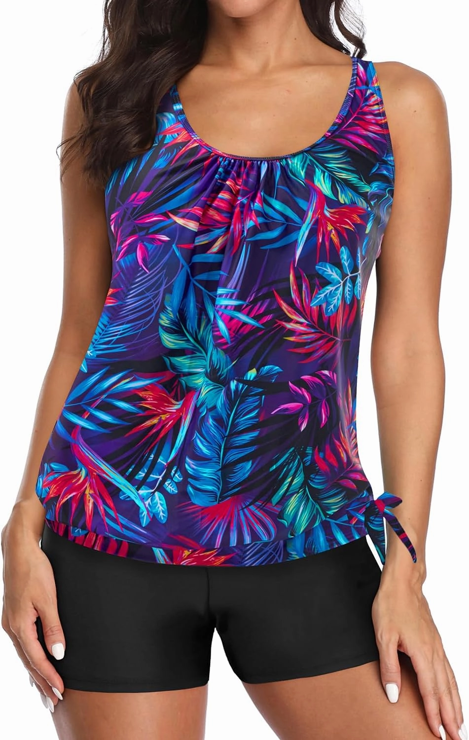 Yonique 2 Piece Swimsuit for Women Blouson Tankini Top with Shorts Tummy Control Bathing Suit