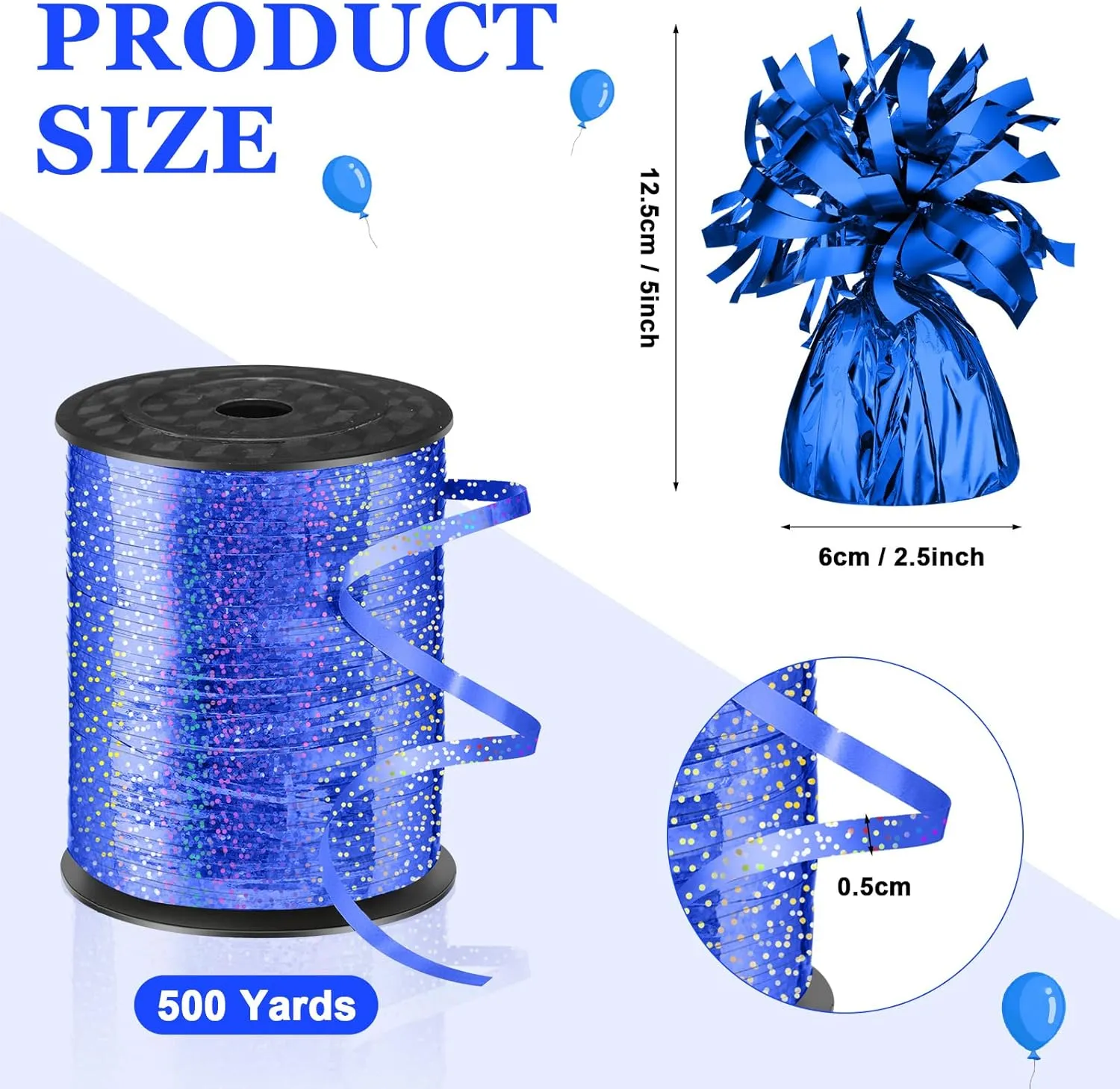 Yunsailing 24 Pcs Balloon Weights Metallic Holder Anchors with 1 Roll Iridescent Ribbon Centerpieces Decoration for Helium Balloons Birthday Wedding 2025 Graduation Party(Blue)