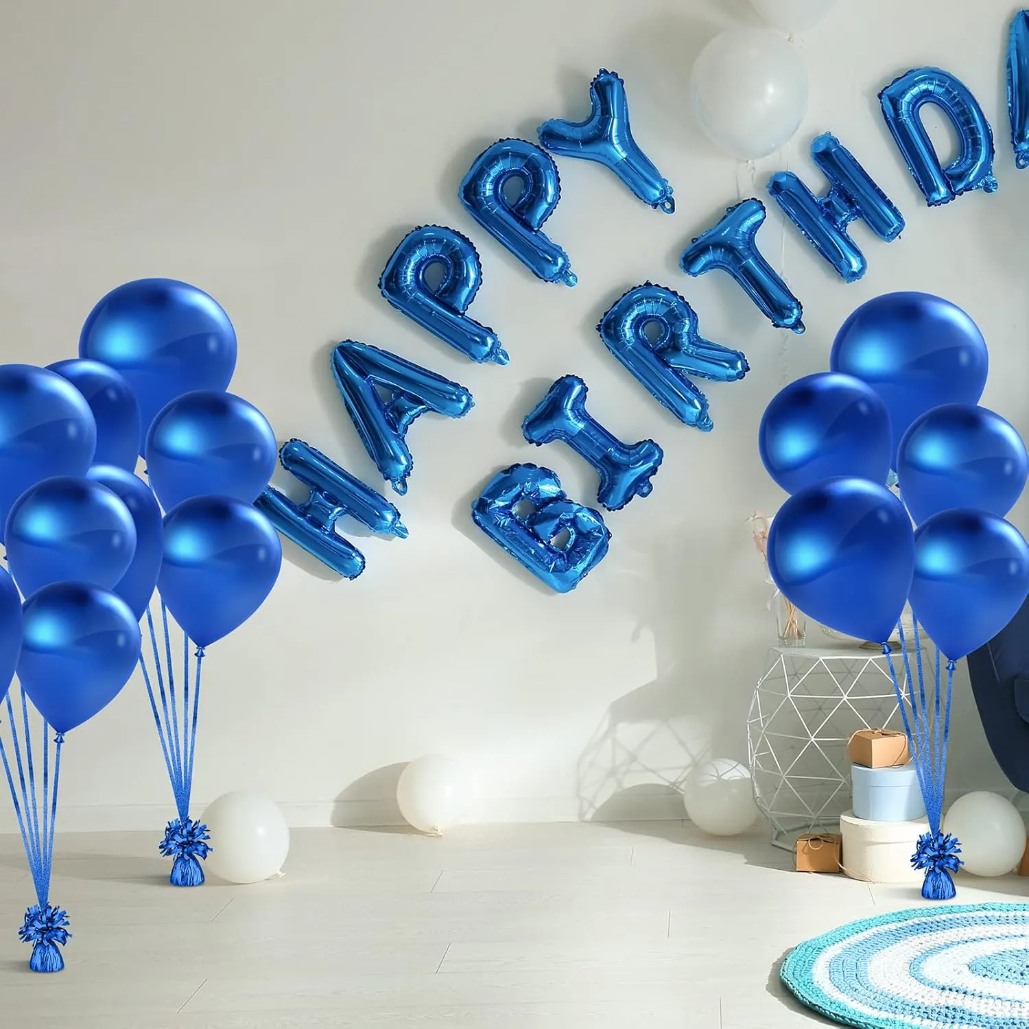 Yunsailing 24 Pcs Balloon Weights Metallic Holder Anchors with 1 Roll Iridescent Ribbon Centerpieces Decoration for Helium Balloons Birthday Wedding 2025 Graduation Party(Blue)