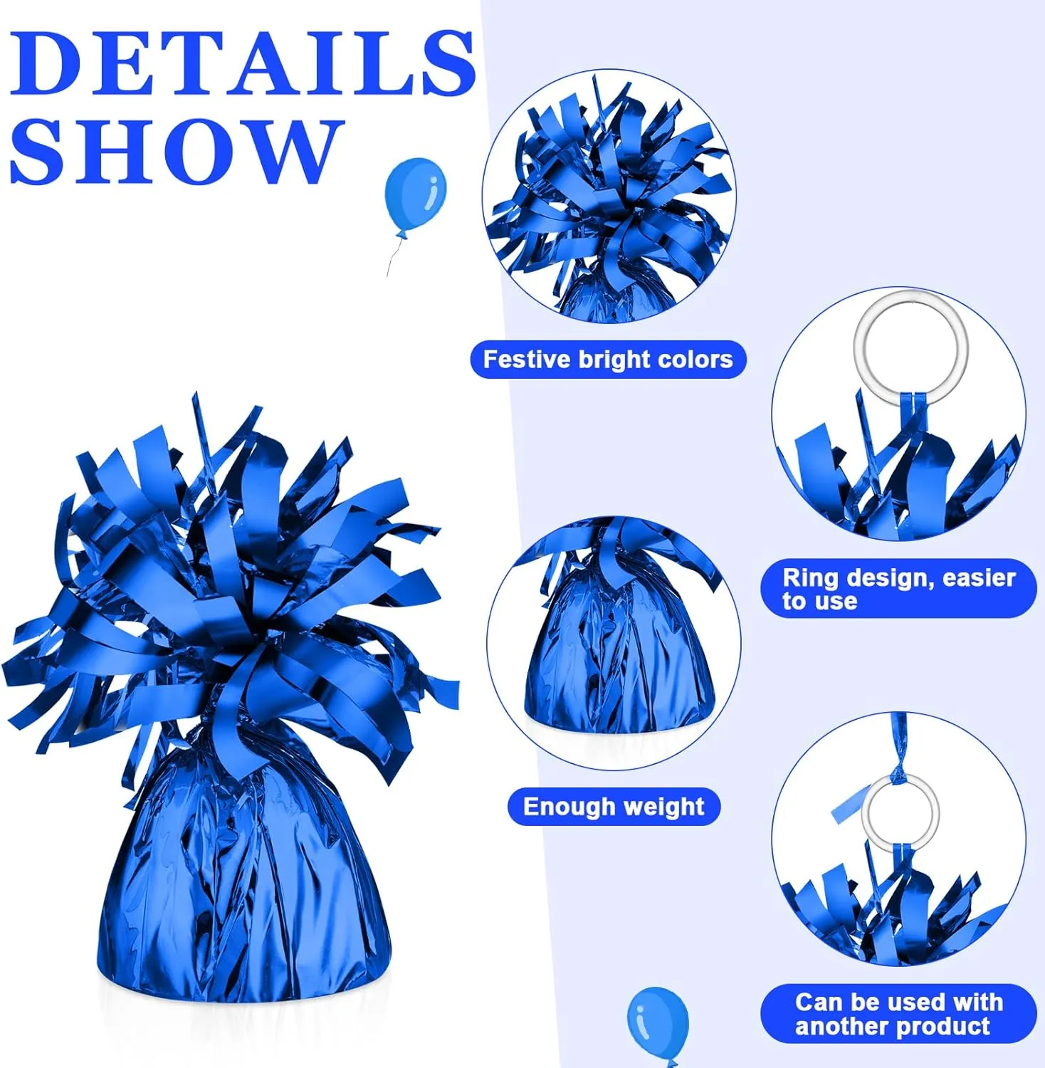 Yunsailing 24 Pcs Balloon Weights Metallic Holder Anchors with 1 Roll Iridescent Ribbon Centerpieces Decoration for Helium Balloons Birthday Wedding 2025 Graduation Party(Blue)