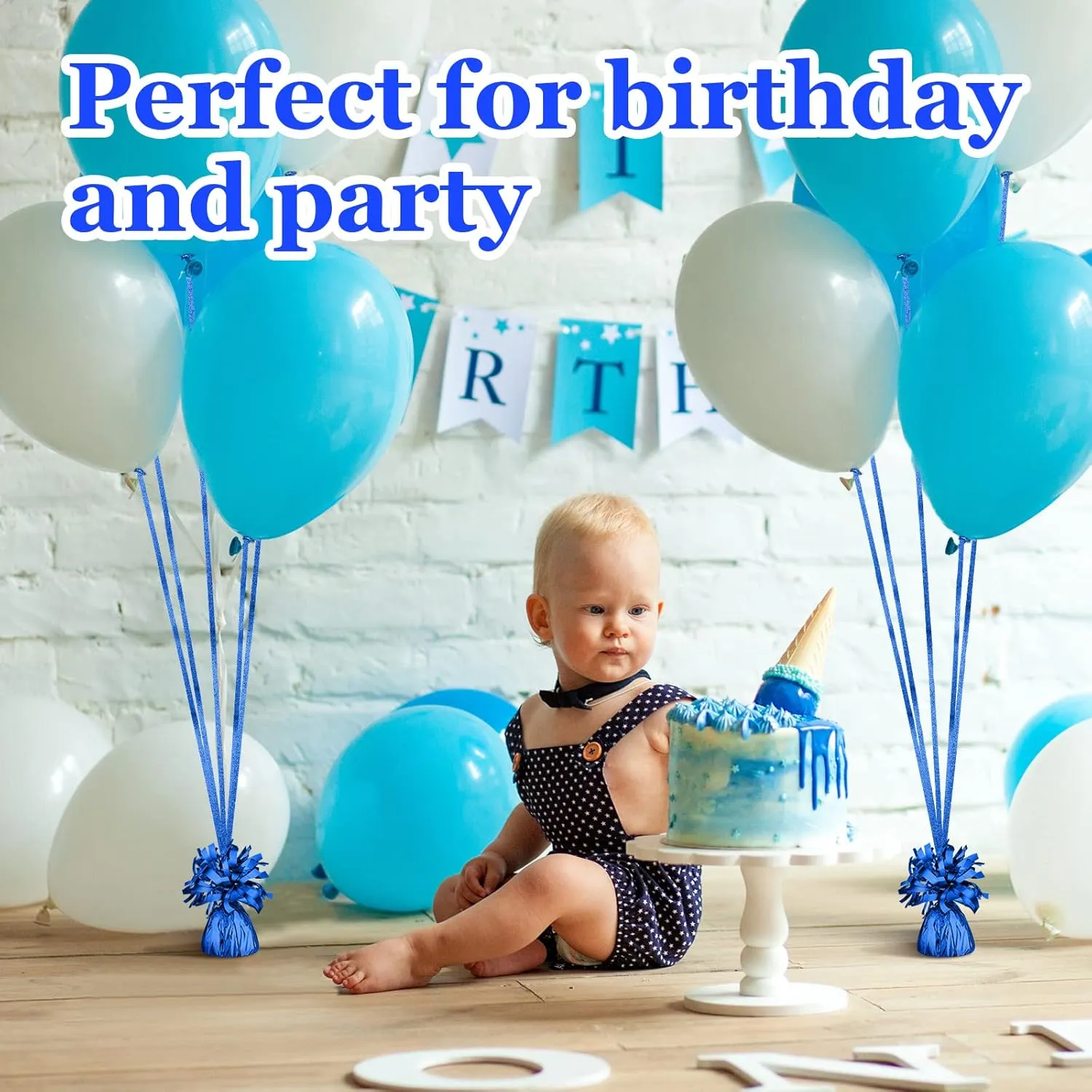 Yunsailing 24 Pcs Balloon Weights Metallic Holder Anchors with 1 Roll Iridescent Ribbon Centerpieces Decoration for Helium Balloons Birthday Wedding 2025 Graduation Party(Blue)