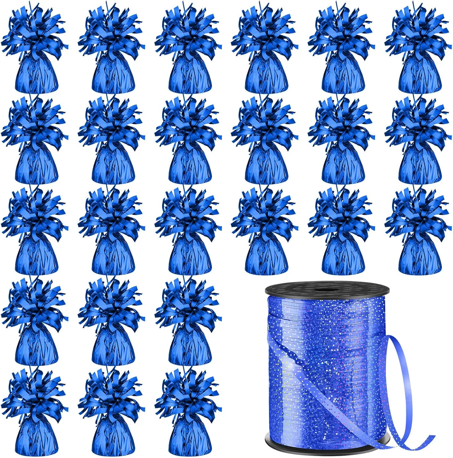 Yunsailing 24 Pcs Balloon Weights Metallic Holder Anchors with 1 Roll Iridescent Ribbon Centerpieces Decoration for Helium Balloons Birthday Wedding 2025 Graduation Party(Blue)