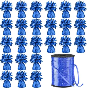 Yunsailing 24 Pcs Balloon Weights Metallic Holder Anchors with 1 Roll Iridescent Ribbon Centerpieces Decoration for Helium Balloons Birthday Wedding 2025 Graduation Party(Blue)