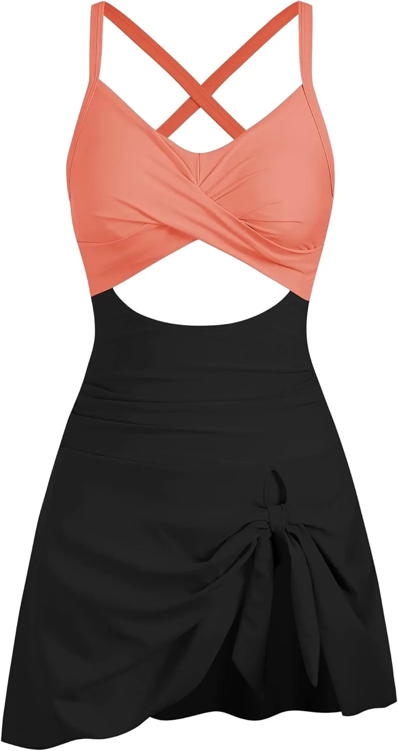 ZAFUL Women One Piece Swimdress Tummy Control Bathing Suit Push Up Swimsuit Modest Swimwear Cutout V Neck Cute Tie Knot Skirt