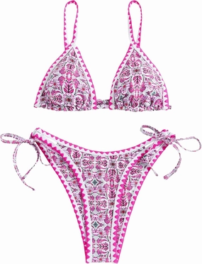 ZAFUL Women's Swimsuits Boho Floral Print String Thong Bikini Set Sexy High Cut Swimwear Bathing Suit