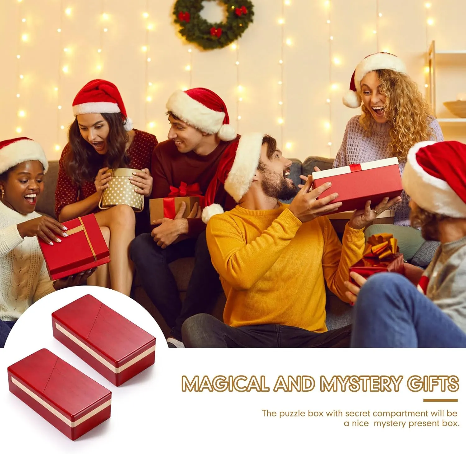 Zhanmai 2 Pack Christmas Puzzle Box Gift Wooden Magic Impossible Dovetail Box Secret Money Case Mini 3D Brain Teaser Case for Valentines Girlfriend Cash Adults Teens(Rectangle,Red)