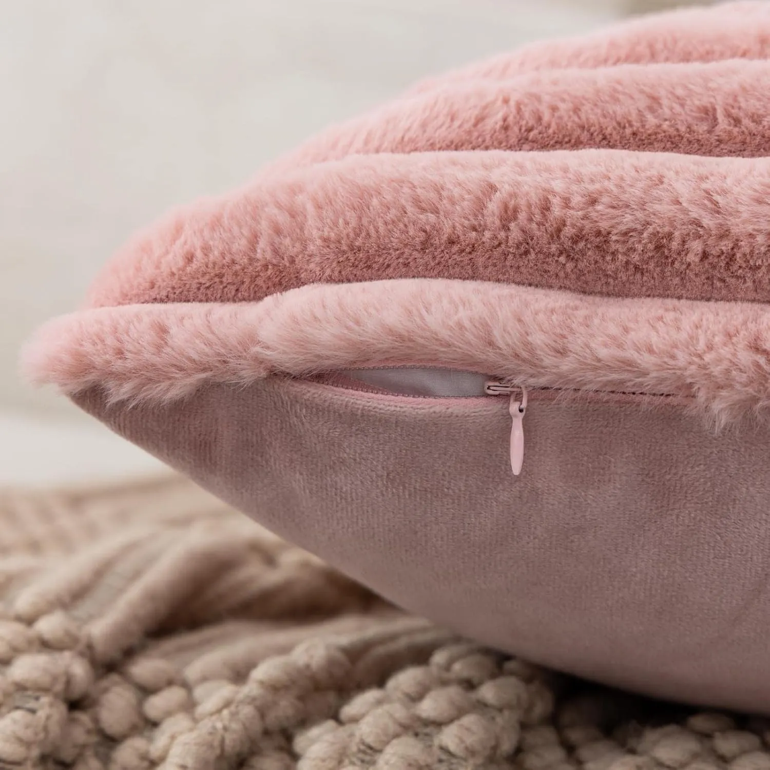 ZLINA Set of 2 Baby Pink Faux Fur Decorative Throw Pillow Covers Fluffy Striped Pillowcase Cushion Covers 18 x 18 Inch Decor Sofa Couch Bedroom