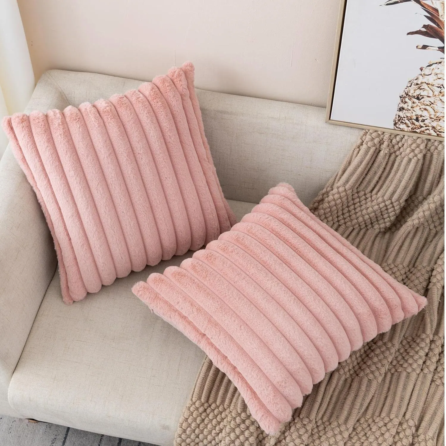 ZLINA Set of 2 Baby Pink Faux Fur Decorative Throw Pillow Covers Fluffy Striped Pillowcase Cushion Covers 18 x 18 Inch Decor Sofa Couch Bedroom