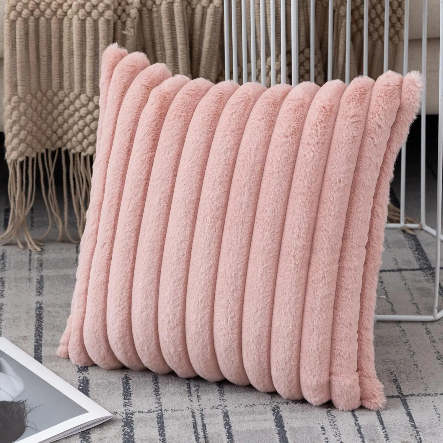 ZLINA Set of 2 Baby Pink Faux Fur Decorative Throw Pillow Covers Fluffy Striped Pillowcase Cushion Covers 18 x 18 Inch Decor Sofa Couch Bedroom