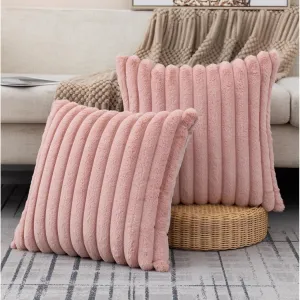 ZLINA Set of 2 Baby Pink Faux Fur Decorative Throw Pillow Covers Fluffy Striped Pillowcase Cushion Covers 18 x 18 Inch Decor Sofa Couch Bedroom