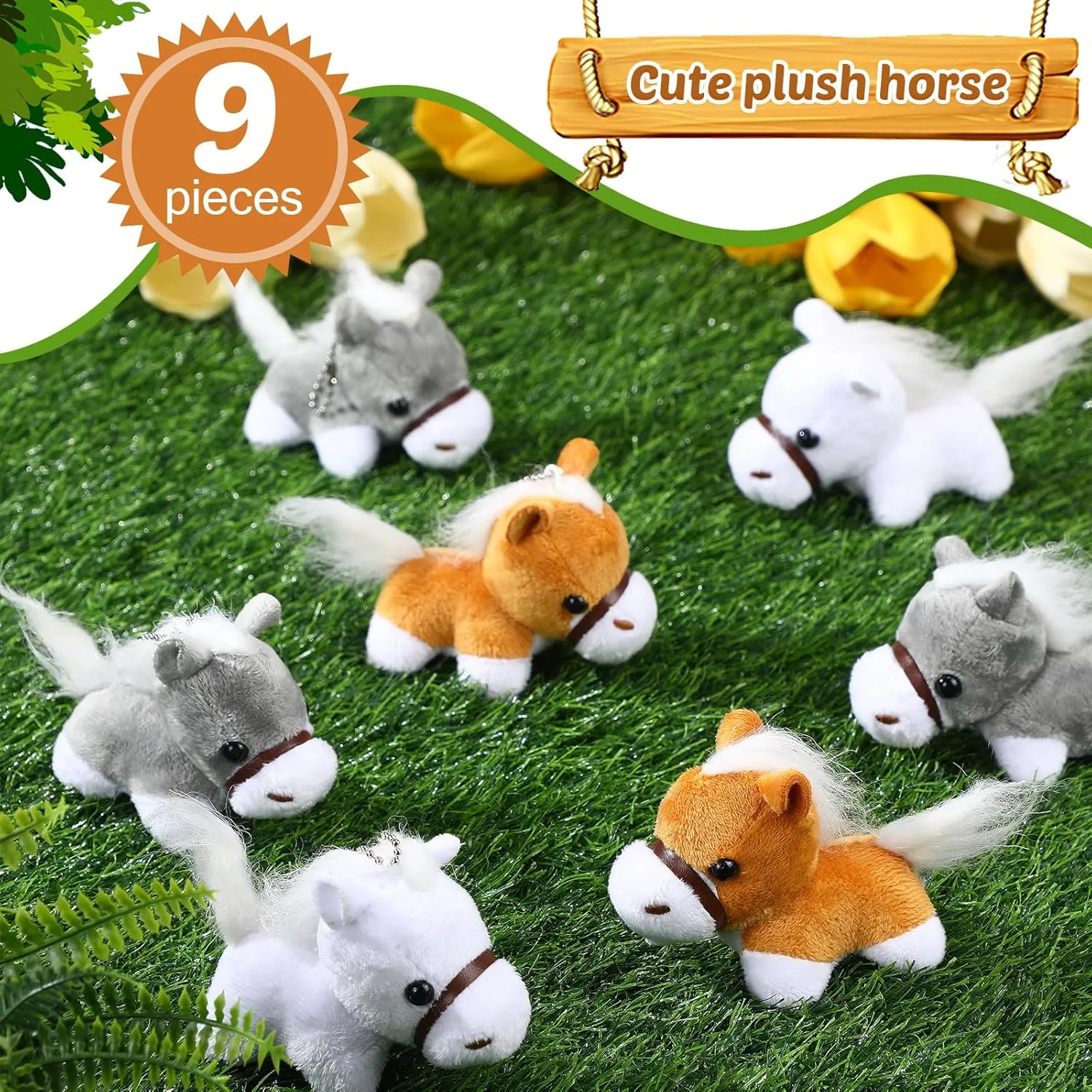 Zomiboo 9 Pack Horse Stuffed Animals Plush Toy Standing Stuffed Horse 4 Inch Mini Plush with Detachable Chain for Animal Theme Party Birthday Decoration Supplies (Bright Style)